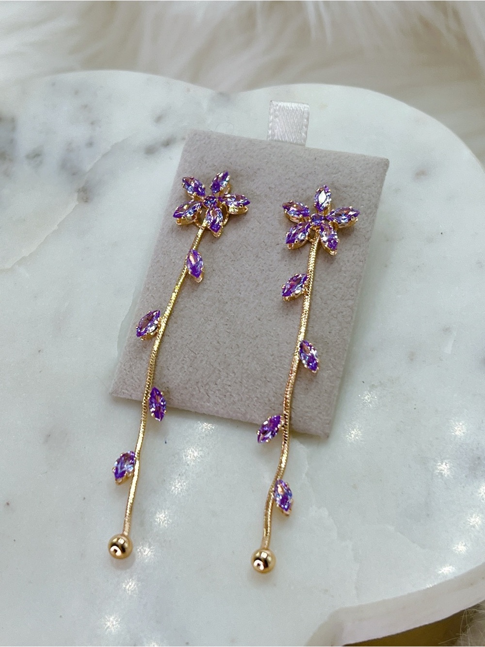 Lilac CZ 💎 marquis Flower gold plated 3” earrings